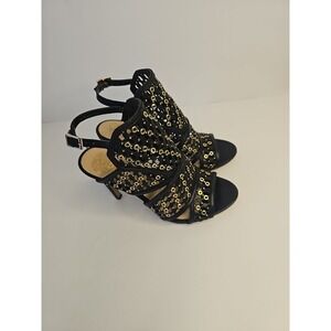 Womens Vince Camuto Signature Nikoletta Black  And Gold  Open Toe Heels Size 6M‎